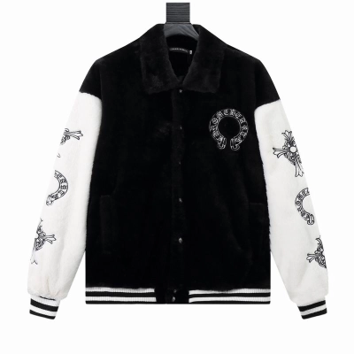 EM Sneakers Chrome Hearts Cross Embroidered Letter Leather Sleeve Patchwork Baseball Jacket (Black and White) 01