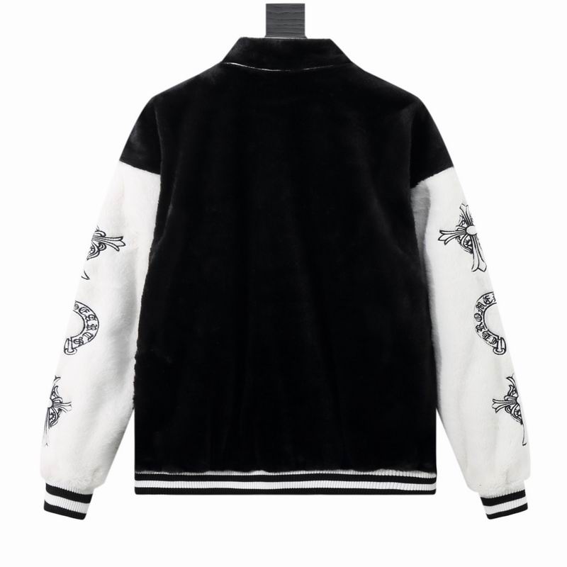 EM Sneakers Chrome Hearts Cross Embroidered Letter Leather Sleeve Patchwork Baseball Jacket (Black and White)