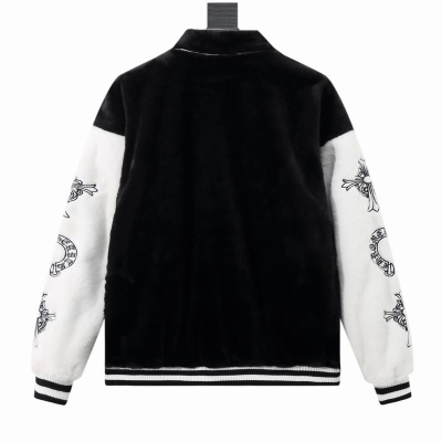EM Sneakers Chrome Hearts Cross Embroidered Letter Leather Sleeve Patchwork Baseball Jacket (Black and White) 02