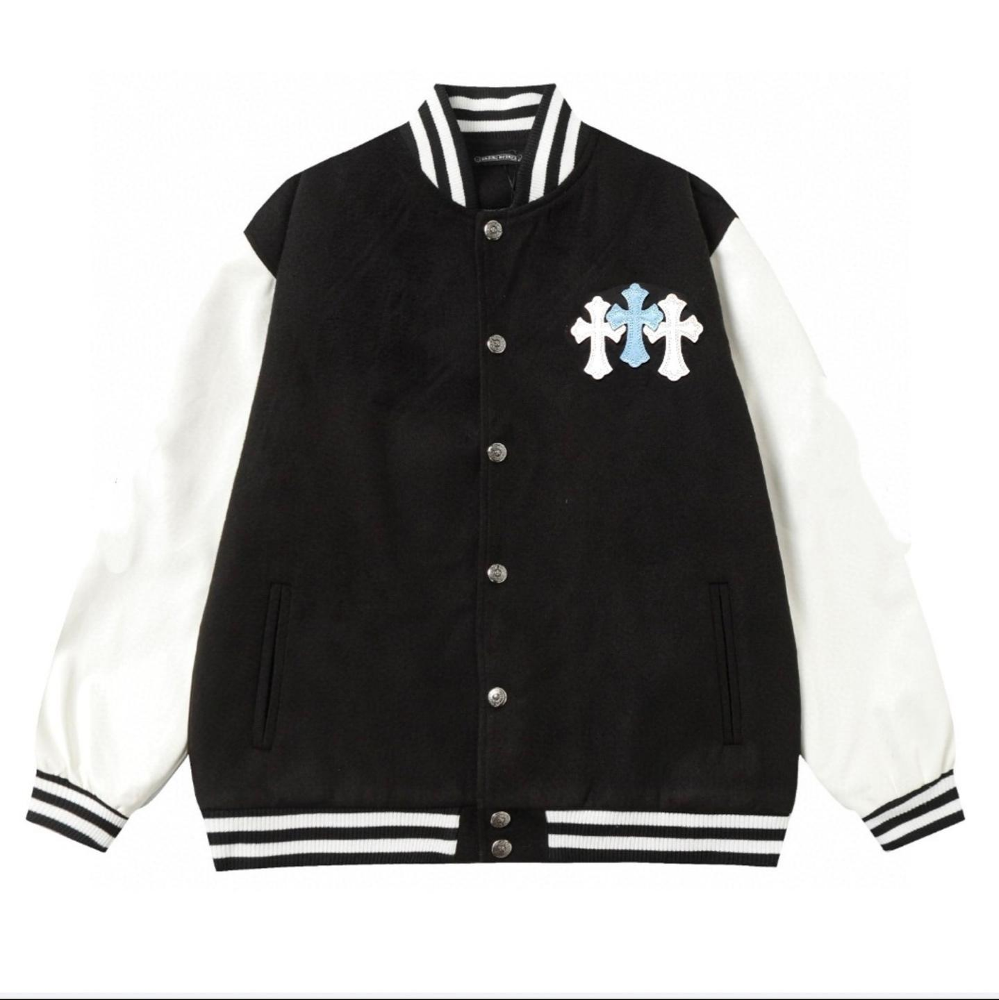 EM Sneakers Chrome Hearts Embroidered Blue and White Cross Baseball Jacket (Black and White)