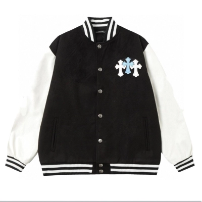 EM Sneakers Chrome Hearts Embroidered Blue and White Cross Baseball Jacket (Black and White) 01