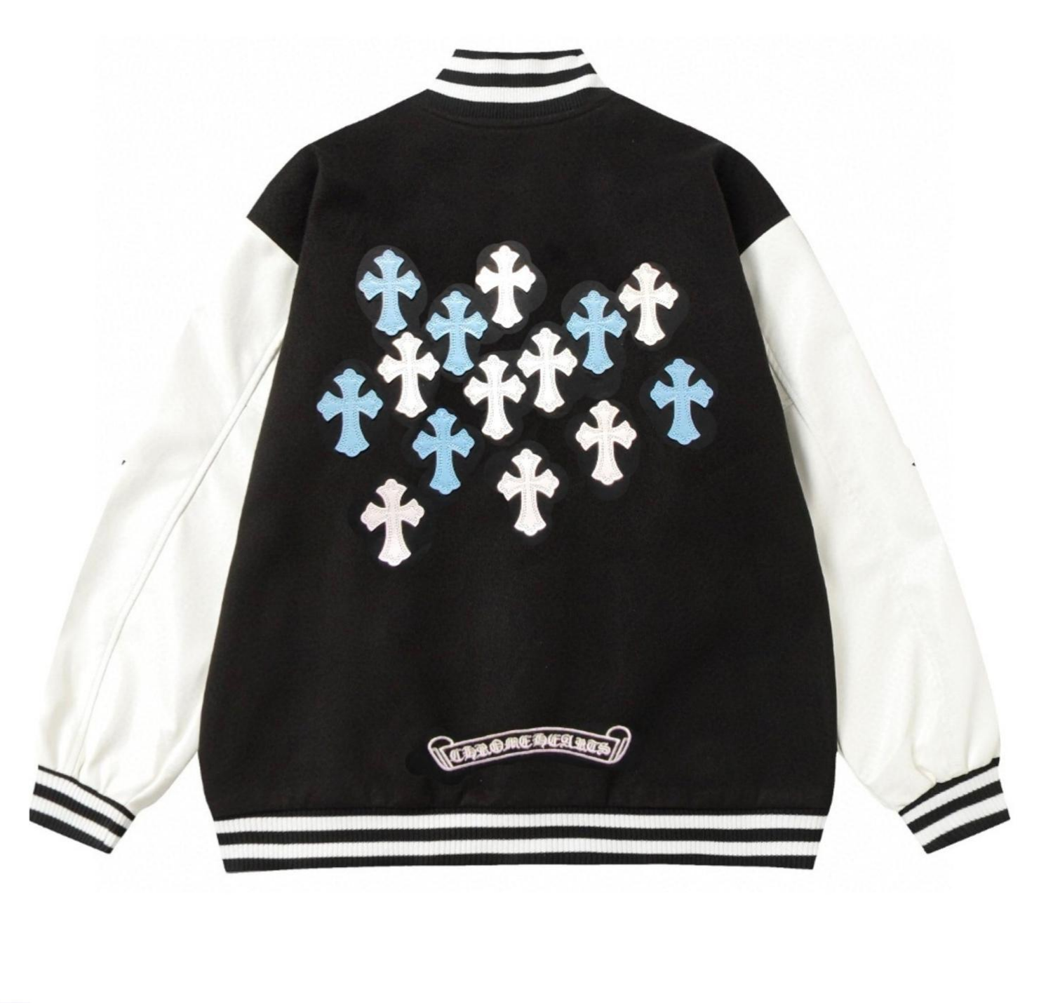 EM Sneakers Chrome Hearts Embroidered Blue and White Cross Baseball Jacket (Black and White)