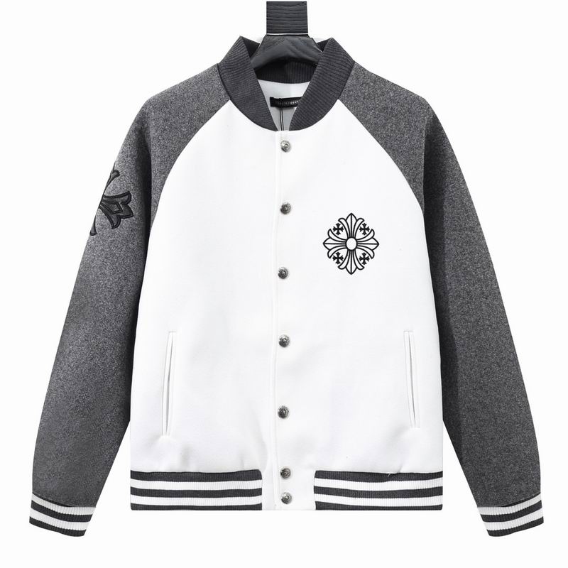 EM Sneakers Chrome Hearts Embroidered Letter Wool Patchwork Baseball Jacket Gray and White