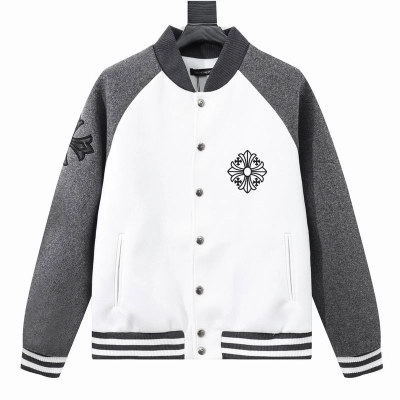 EM Sneakers Chrome Hearts Embroidered Letter Wool Patchwork Baseball Jacket Gray and White 01