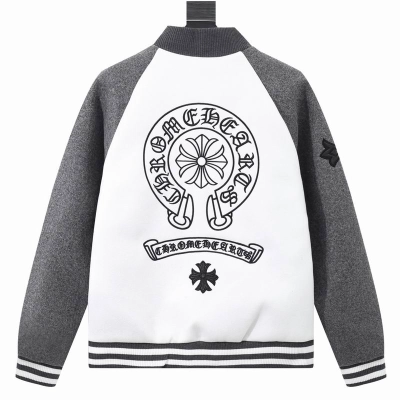 EM Sneakers Chrome Hearts Embroidered Letter Wool Patchwork Baseball Jacket Gray and White 02