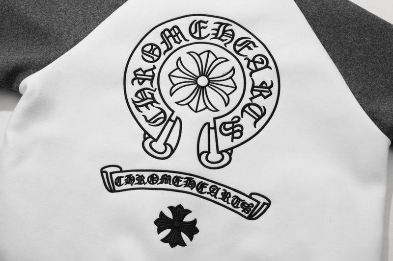 EM Sneakers Chrome Hearts Embroidered Letter Wool Patchwork Baseball Jacket Gray and White