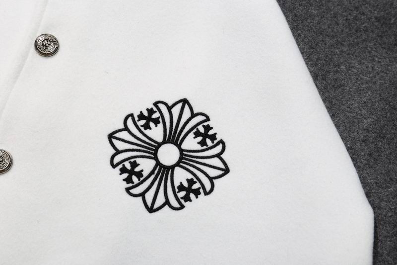 EM Sneakers Chrome Hearts Embroidered Letter Wool Patchwork Baseball Jacket Gray and White