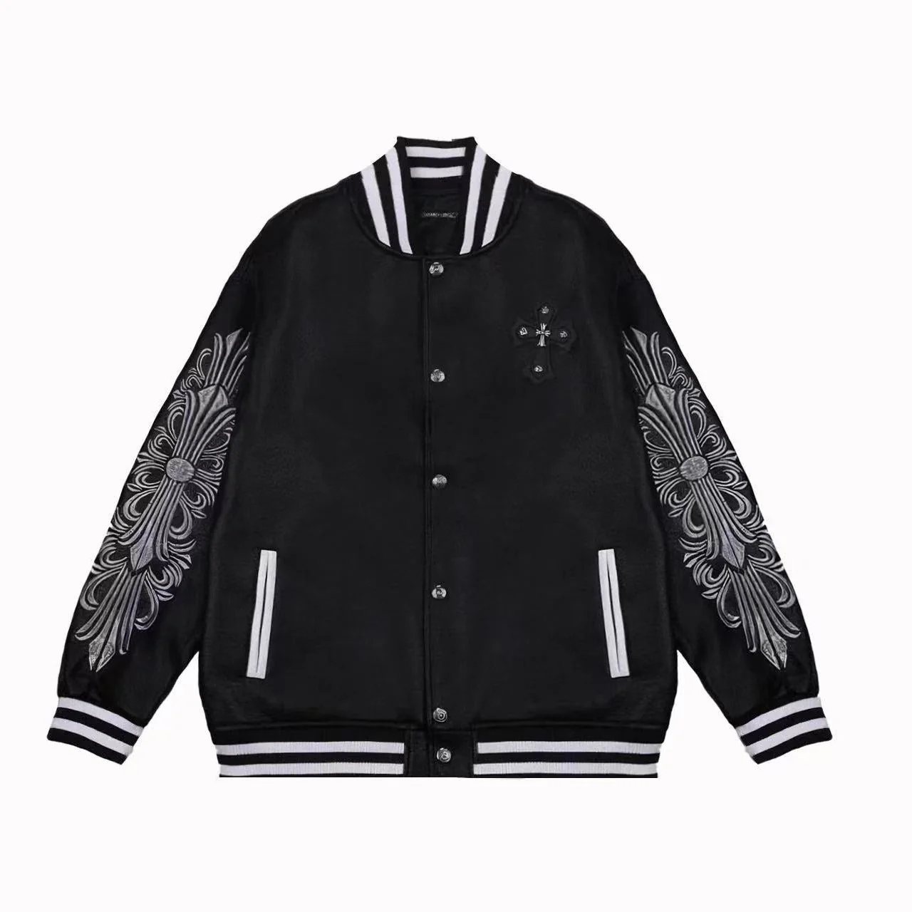 EM Sneakers Chrome Hearts Embroidered Sleeve Varsity Baseball Jacket Black