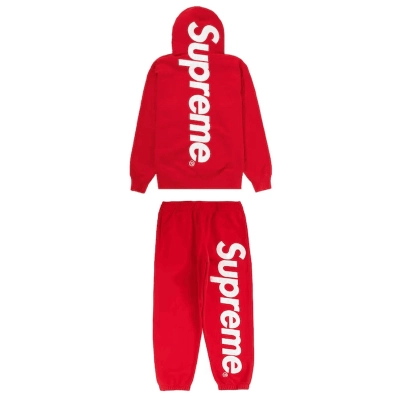 EM Sneakers Supreme Satin Appliqué Hooded Sweatshirt & Pant Set Heather Red 01