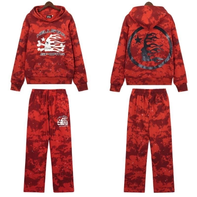EM Sneakers Hellstar Sports Tie-Dye Skull Hoodie & Sweatpant Sets Red 01