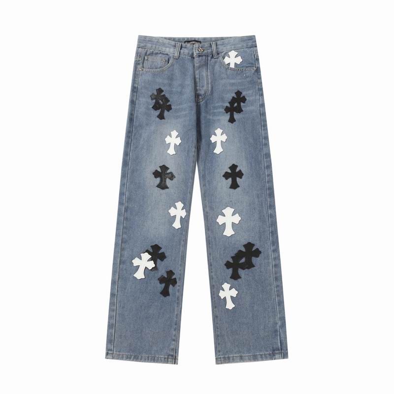 EM Sneakers Chrome Hearts Black and White Cross-patterned Jeans Blue