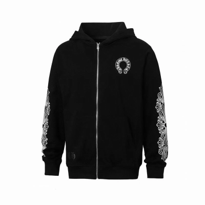 EM Sneakers Chrome Hearts Horseshoe Floral Cross-Sleeve Zip Up Hoodie Black White 01
