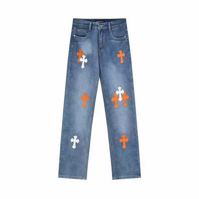 EM Sneakers Chrome Hearts Orange and White Cross-patterned Jeans with Sanskrit on the Back