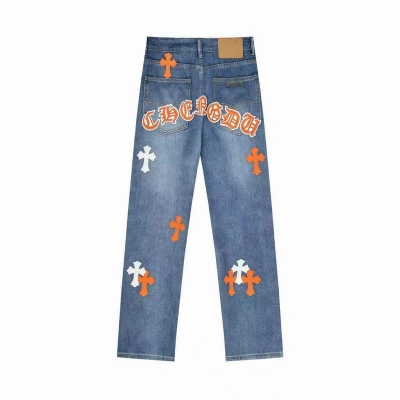 EM Sneakers Chrome Hearts Orange and White Cross-patterned Jeans with Sanskrit on the Back 02