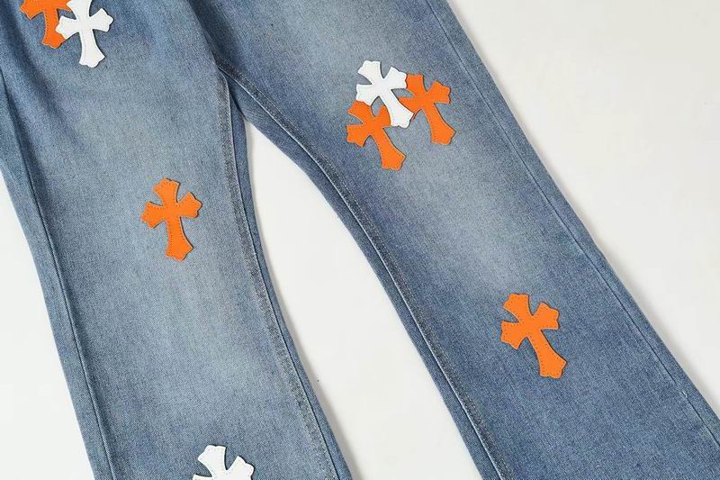 EM Sneakers Chrome Hearts Orange and White Cross-patterned Jeans with Sanskrit on the Back