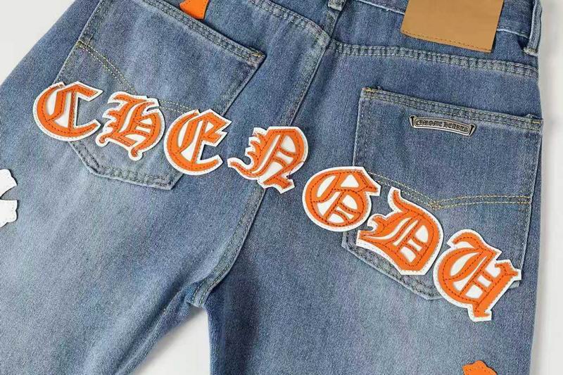 EM Sneakers Chrome Hearts Orange and White Cross-patterned Jeans with Sanskrit on the Back