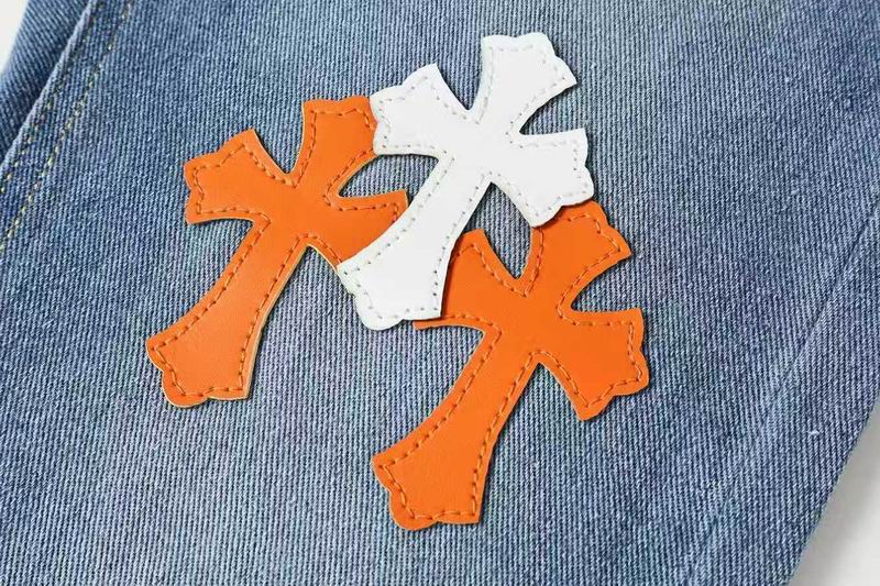 EM Sneakers Chrome Hearts Orange and White Cross-patterned Jeans with Sanskrit on the Back