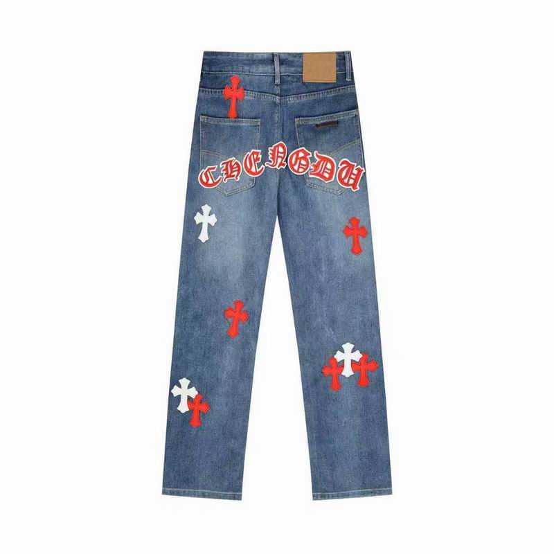 EM Sneakers Chrome Hearts Red and White Cross-patterned Jeans with Sanskrit on the Back