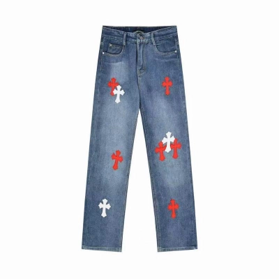 EM Sneakers Chrome Hearts Red and White Cross-patterned Jeans with Sanskrit on the Back 01