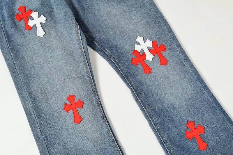 EM Sneakers Chrome Hearts Red and White Cross-patterned Jeans with Sanskrit on the Back