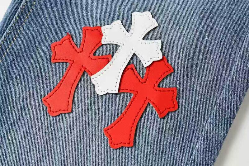 EM Sneakers Chrome Hearts Red and White Cross-patterned Jeans with Sanskrit on the Back