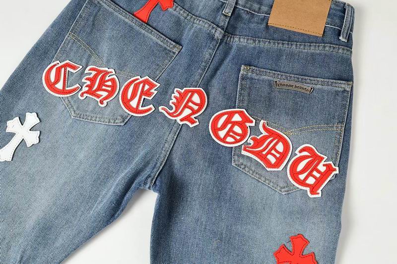 EM Sneakers Chrome Hearts Red and White Cross-patterned Jeans with Sanskrit on the Back