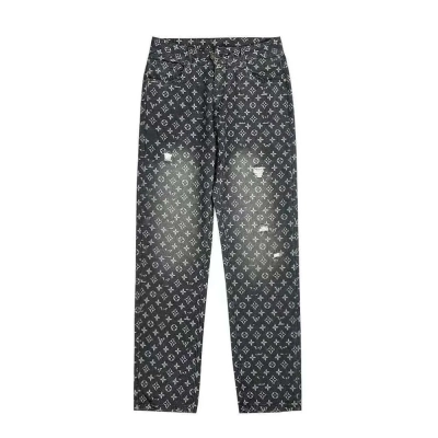 EM Sneakers Louis Vuitton Grey Monogram Distressed Baggy Denim Jean 01