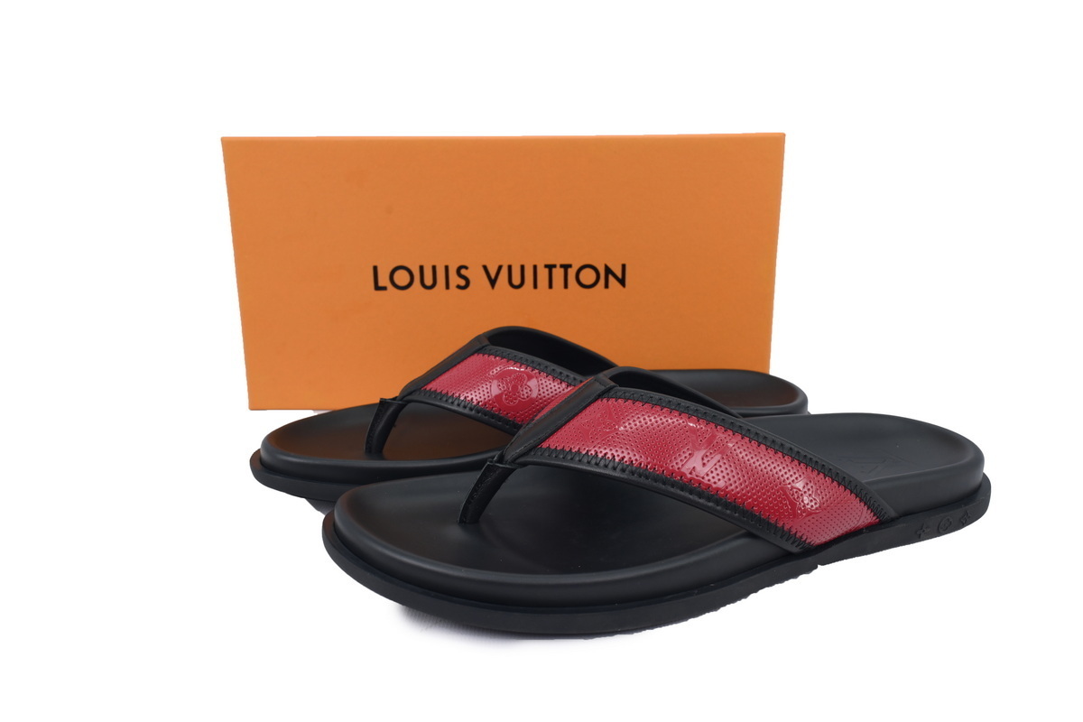 EM Sneakers Louis Vuitton LV Mirabeau Thong Slides Black and Red On The Internet