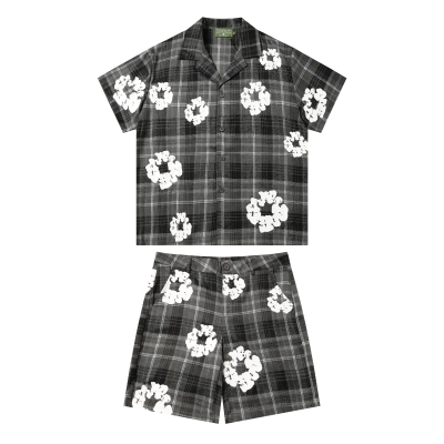 EM Sneakers Denim Tears Kapok Plaid T-shirt & Shorts Sets Gray 01