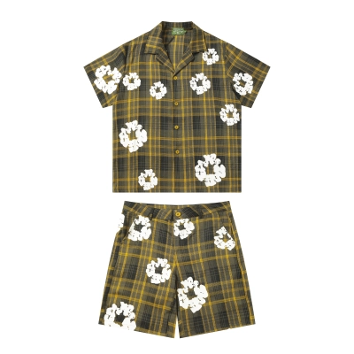 EM Sneakers Denim Tears Kapok Plaid T-shirt & Shorts Sets Yellow 01