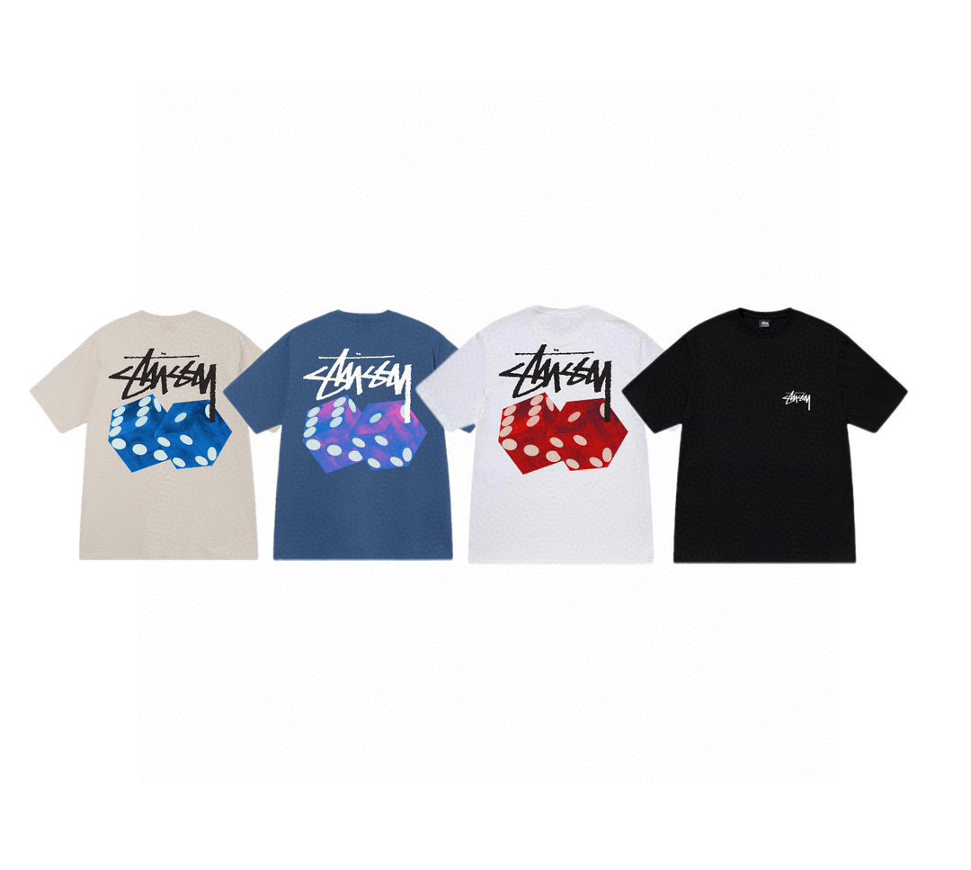 EM Sneakers Stussy 2023 Dice Letter Print T-Shirt-XB995 Black /White /Khaki /Hazy Blue