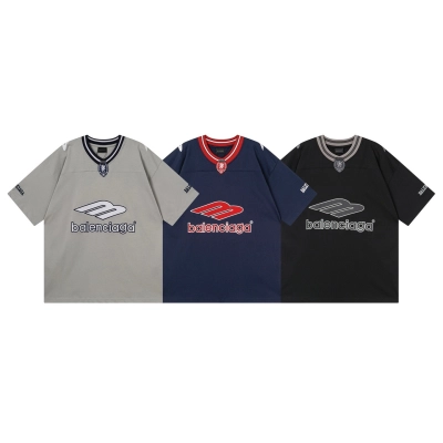 EM Sneakers Balenciaga FOoTBALL Collection 3B Silhouette Ribbed V-Neck Embroidered T-Shirt Black /Blue /Apricot 01