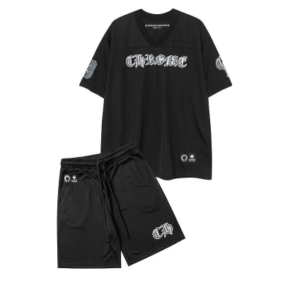 EM Sneakers Chrome Hearts Mesh Stadium Football Jersey T-shirt & Shorts Sets Black 01