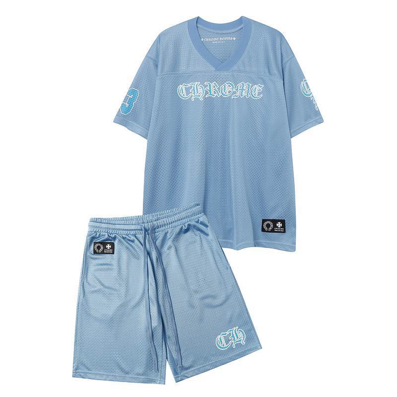 EM Sneakers Chrome Hearts Mesh Stadium Football Jersey T-shirt & Shorts Sets Blue