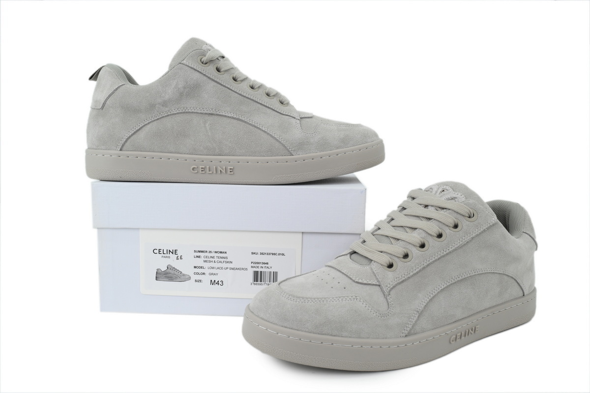 EM Sneakers Celine Huntington Low Lace-up Sneaker in Suede Calfskin and Mesh Gray