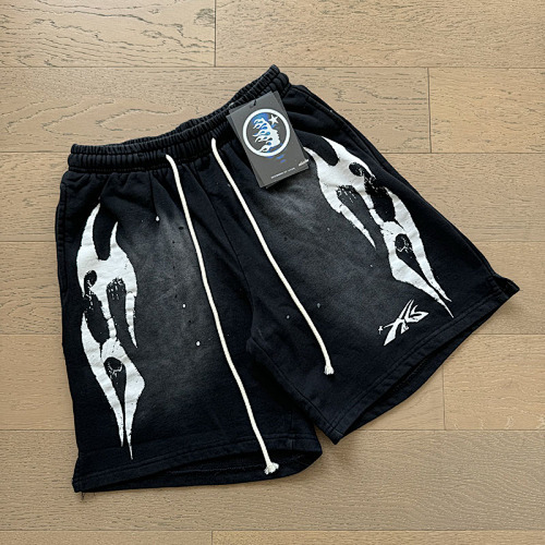 EM Sneakers Hellstar Distressed Casual Shorts with Washed and Splattered Ink #779 Washed Black