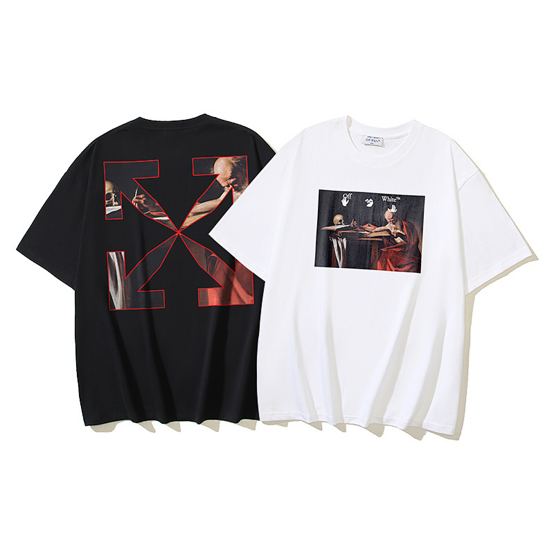 EM Sneakers OFF-WHITE Caravaggio Religious Oil Painting Arrow Print T-Shirt #1020 Black /White