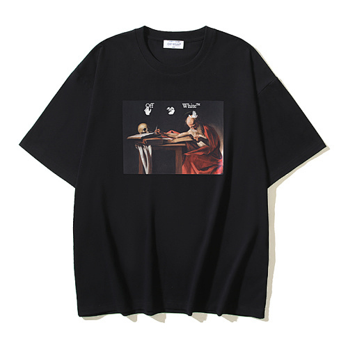 EM Sneakers OFF-WHITE Caravaggio Religious Oil Painting Arrow Print T-Shirt #1020 Black /White