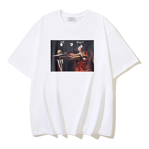 EM Sneakers OFF-WHITE Caravaggio Religious Oil Painting Arrow Print T-Shirt #1020 Black /White
