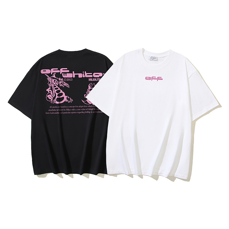 EM Sneakers OFF-WHITE Cartoon Fire-Breathing Dragon Print T-shirt #1095 Black /White /Gray