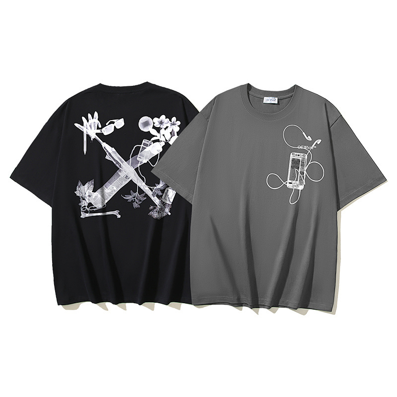 EM Sneakers OFF-WHITE Floral-Print Phone & Headphone Design T-Shirt #1006 Black /Gray