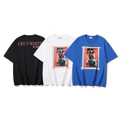 EM Sneakers OFF-WHITE Motorcycle Girl Print T-shirt #1122 Black /White /Blue 01