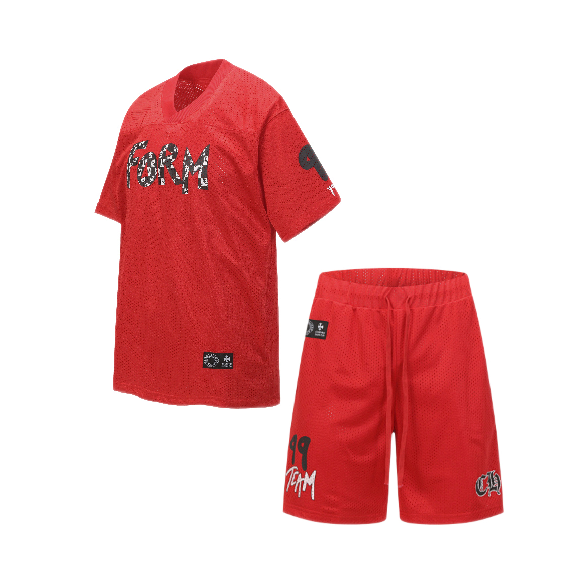 EM Sneakers Chrome Hearts Mesh Stadium Football Jersey T-shirt & Shorts Sets Red