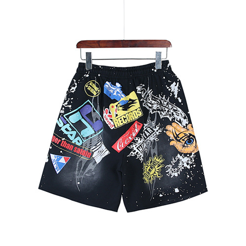 EM Sneakers Hellstar Distressed Casual Shorts with Washed and Splattered Ink #7805 Washed Black