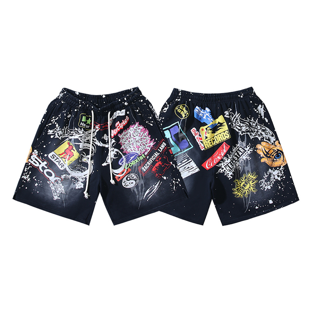 EM Sneakers Hellstar Distressed Casual Shorts with Washed and Splattered Ink #7805 Washed Black