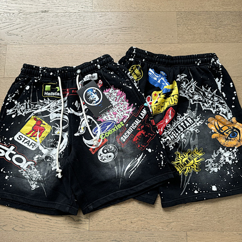 EM Sneakers Hellstar Distressed Casual Shorts with Washed and Splattered Ink #7805 Washed Black