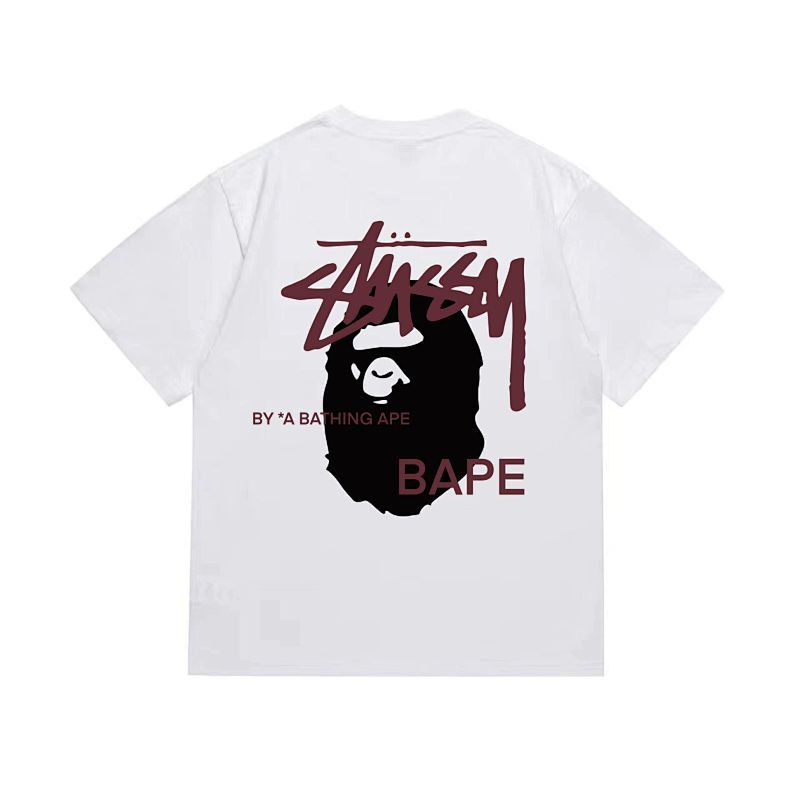 EM Sneakers Bape × Stussy T-Shirt-210 Black Head and Purple Letter White