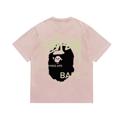 EM Sneakers Bape × Stussy T-Shirt-210 Black Head and Yellow Letter Pink 02