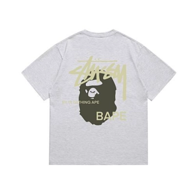 EM Sneakers Bape × Stussy T-Shirt-210 Green Head and Yellow Letter Gray 02