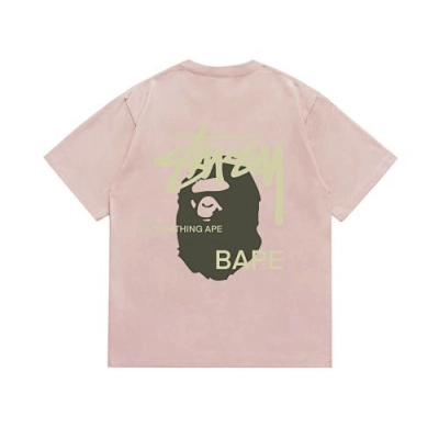 EM Sneakers Bape × Stussy T-Shirt-210 Green Head and Yellow Letter Pink 02